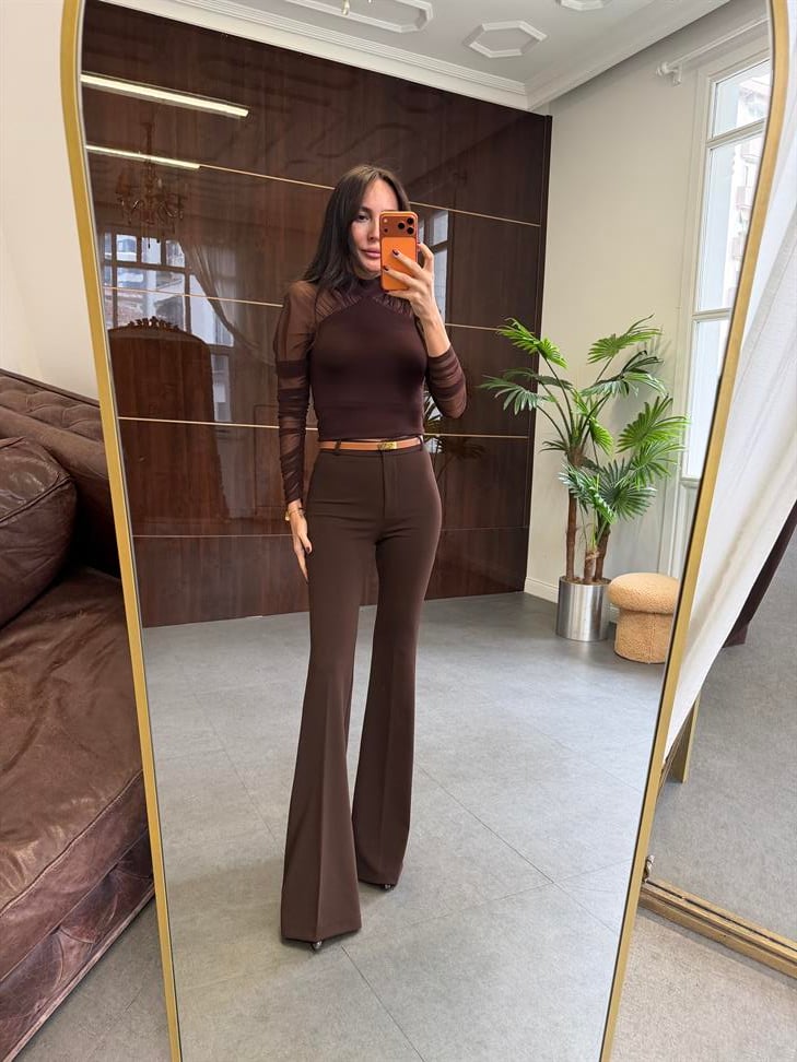 Kahve Likralı İspanyol Paça Kumaş Pantolon