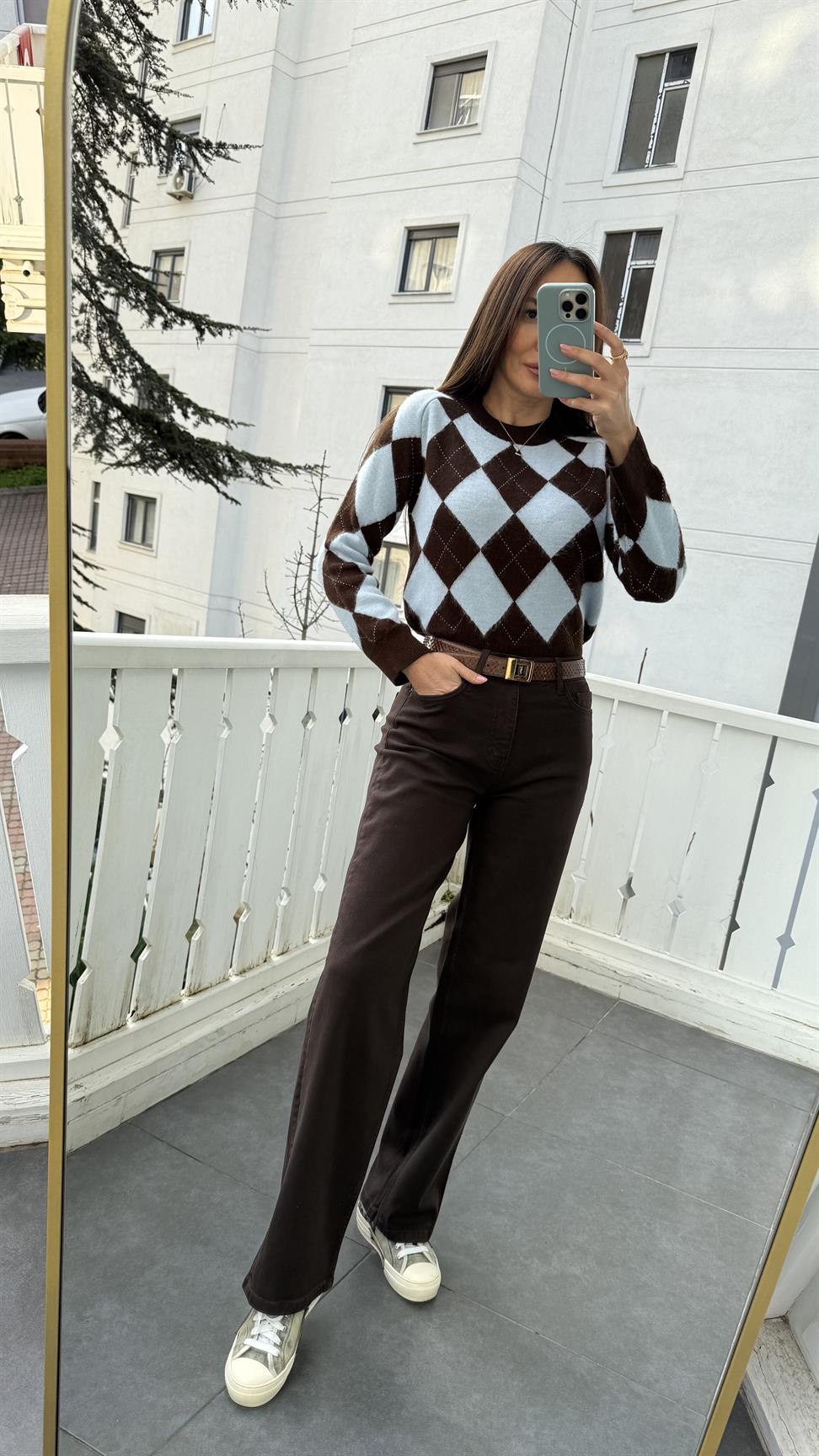 Kahve-Mavi Baklava Desen Kazak