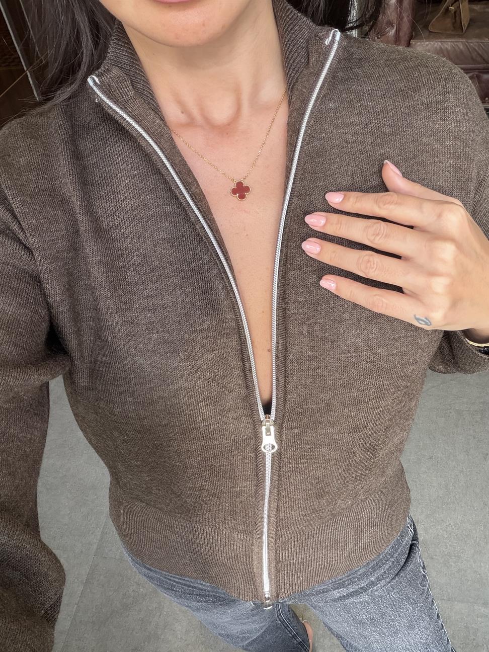 Kahve Melanj Fermuarlı Hırka