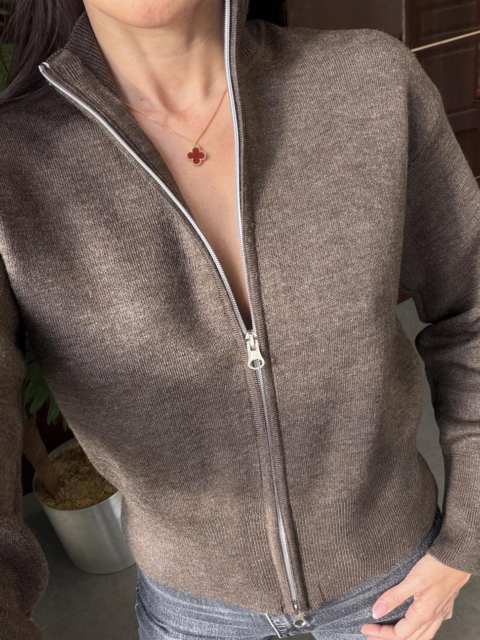 Kahve Melanj Fermuarlı Hırka