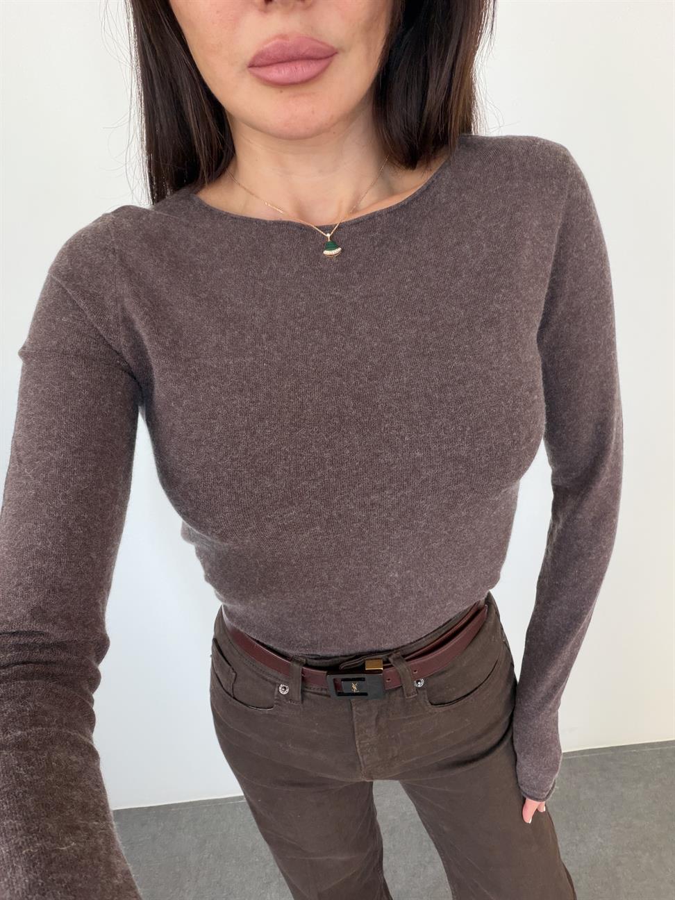 Kahve Melanj Kayık Yaka Kaşmirli Ultra Hafif Triko Kazak