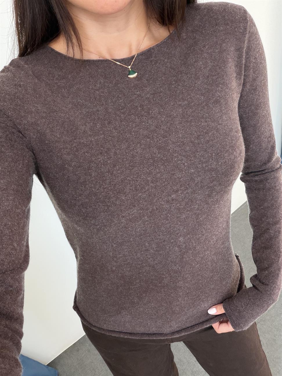 Kahve Melanj Kayık Yaka Kaşmirli Ultra Hafif Triko Kazak