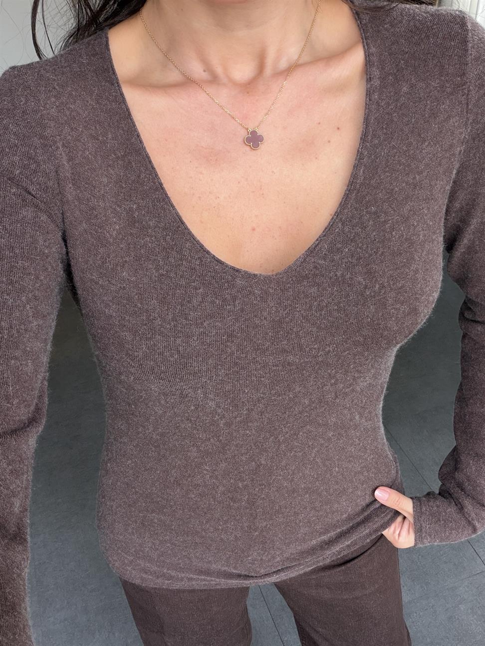 Kahve Melanj V Yaka Kaşmirli Ultra Hafif Triko Kazak