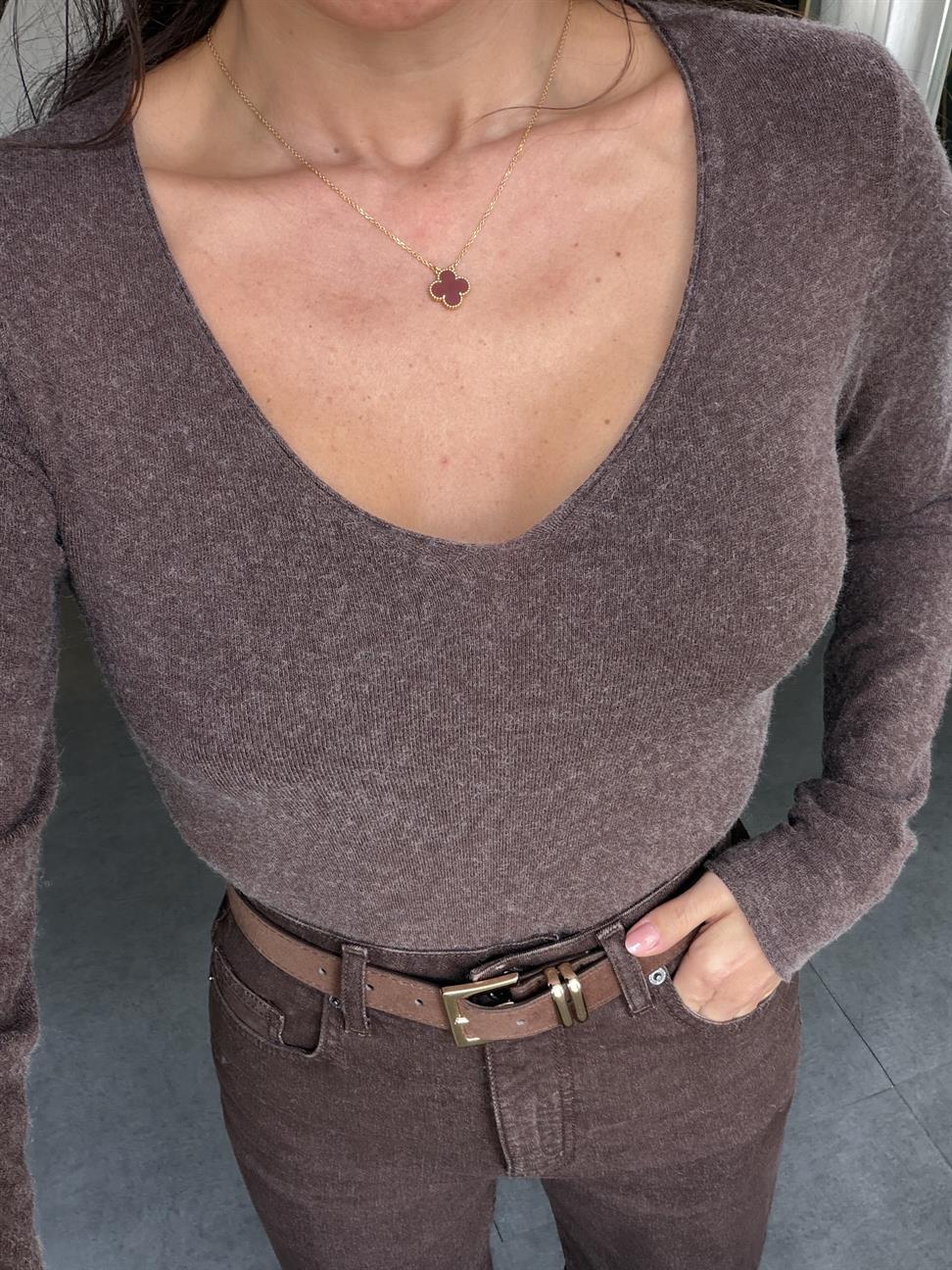 Kahve Melanj V Yaka Kaşmirli Ultra Hafif Triko Kazak