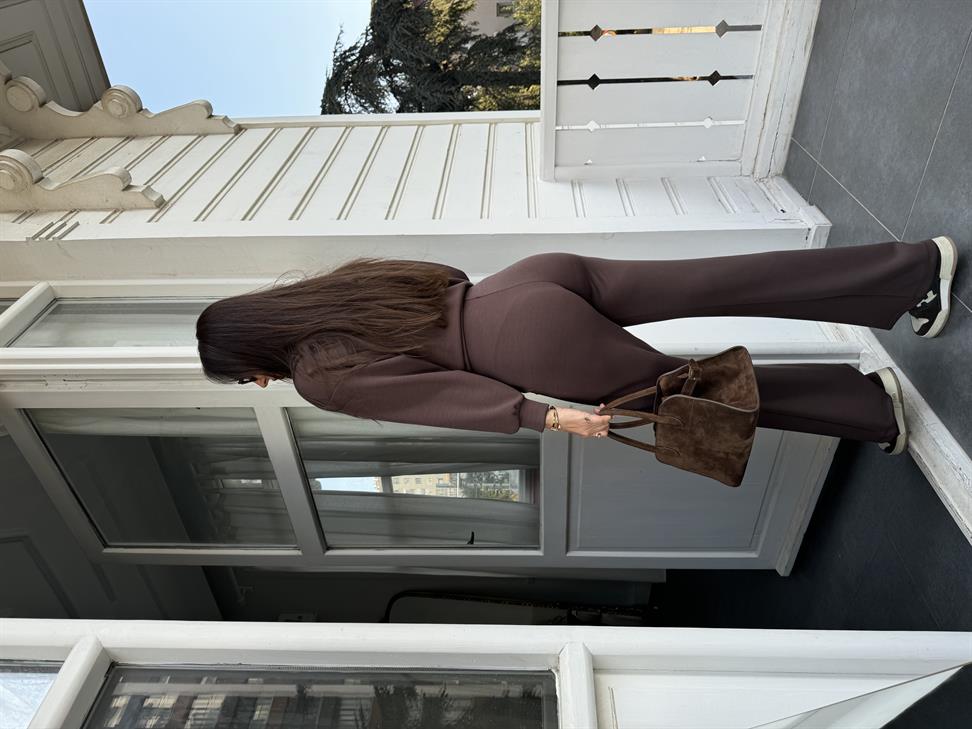 Kahve Modal Kruvaze Bluz Takım