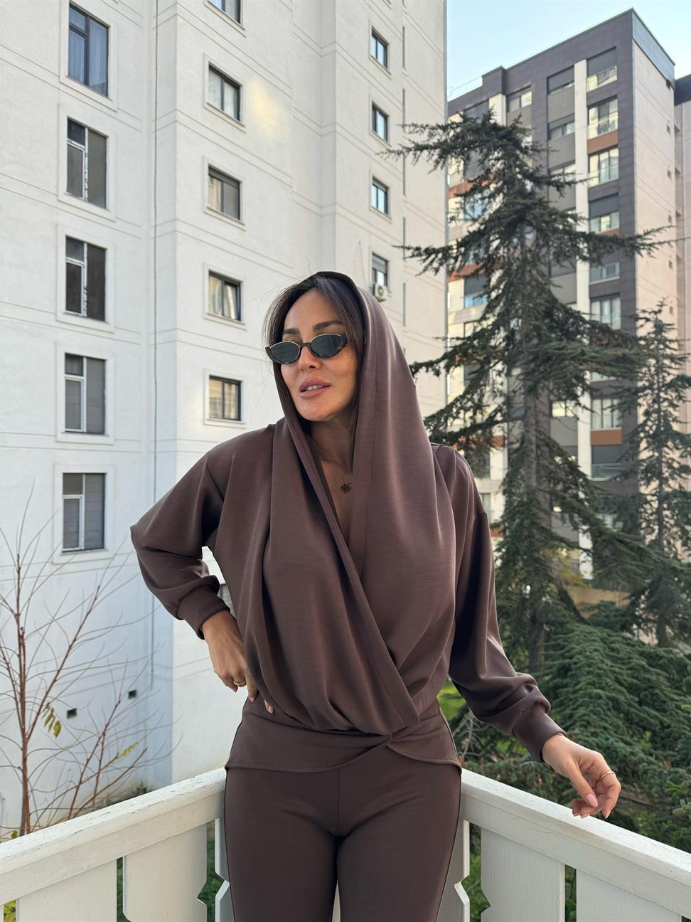 Kahve Modal Kruvaze Bluz Takım