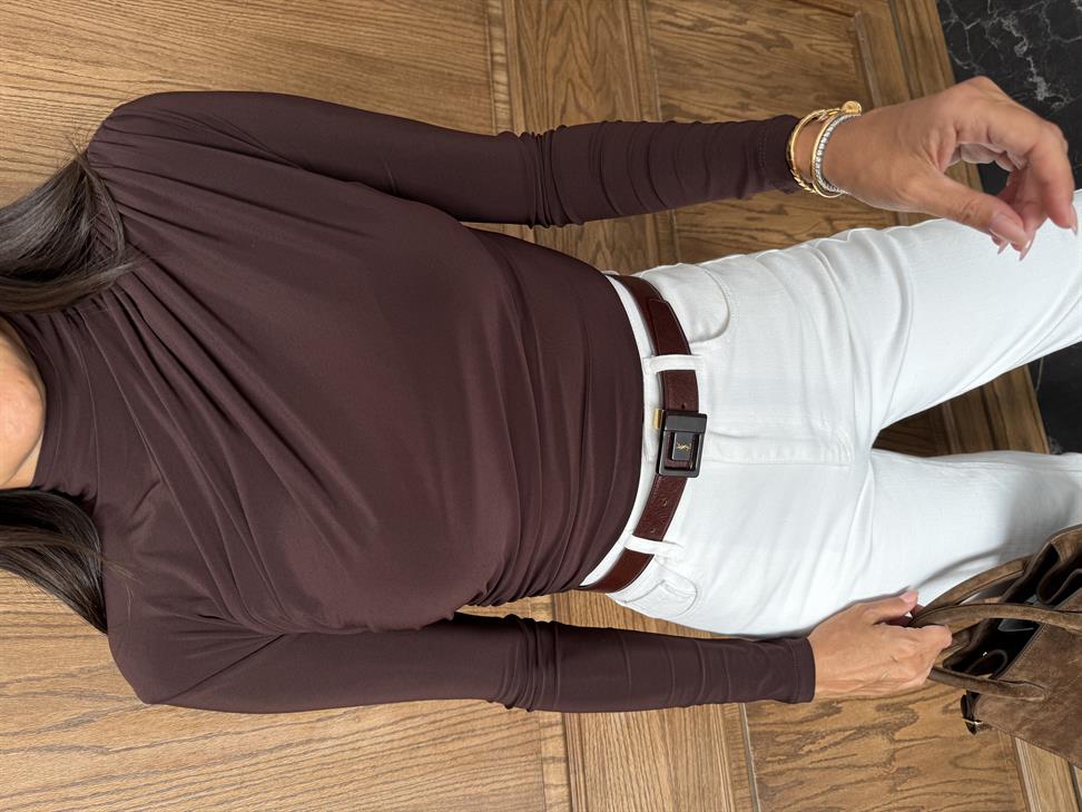 Kahve Omuz ve Bel Pile Bluz