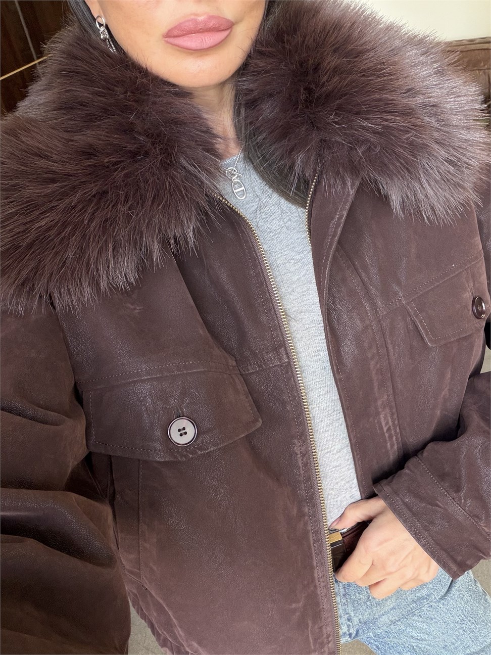 Kahve Önden Cepli Yakası Kürklü Ceket