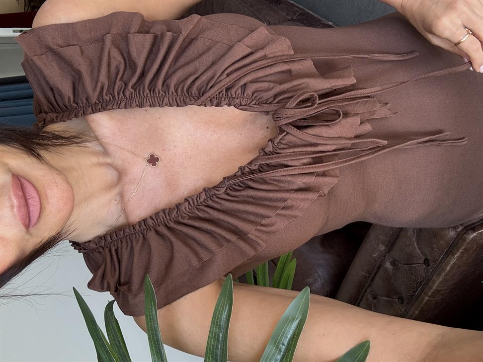 Kahve Önden Fırfırlı Uzun Elbise