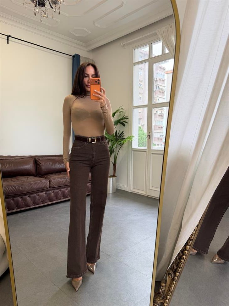 Kahve Wide-Leg Süet Kemerli Pantolon