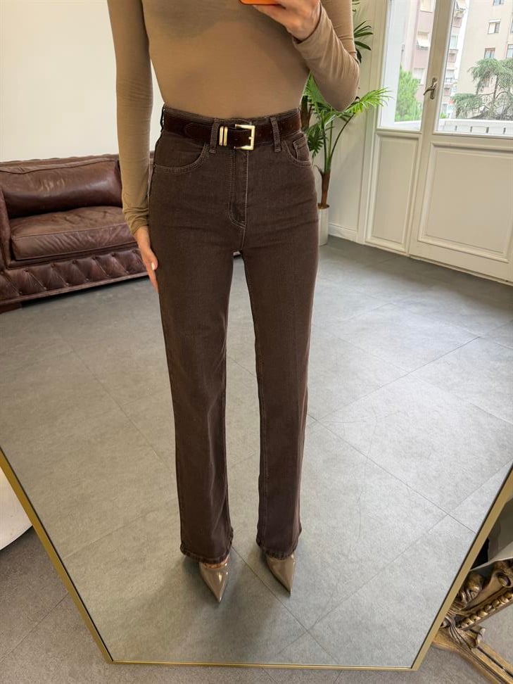 Kahve Wide-Leg Süet Kemerli Pantolon