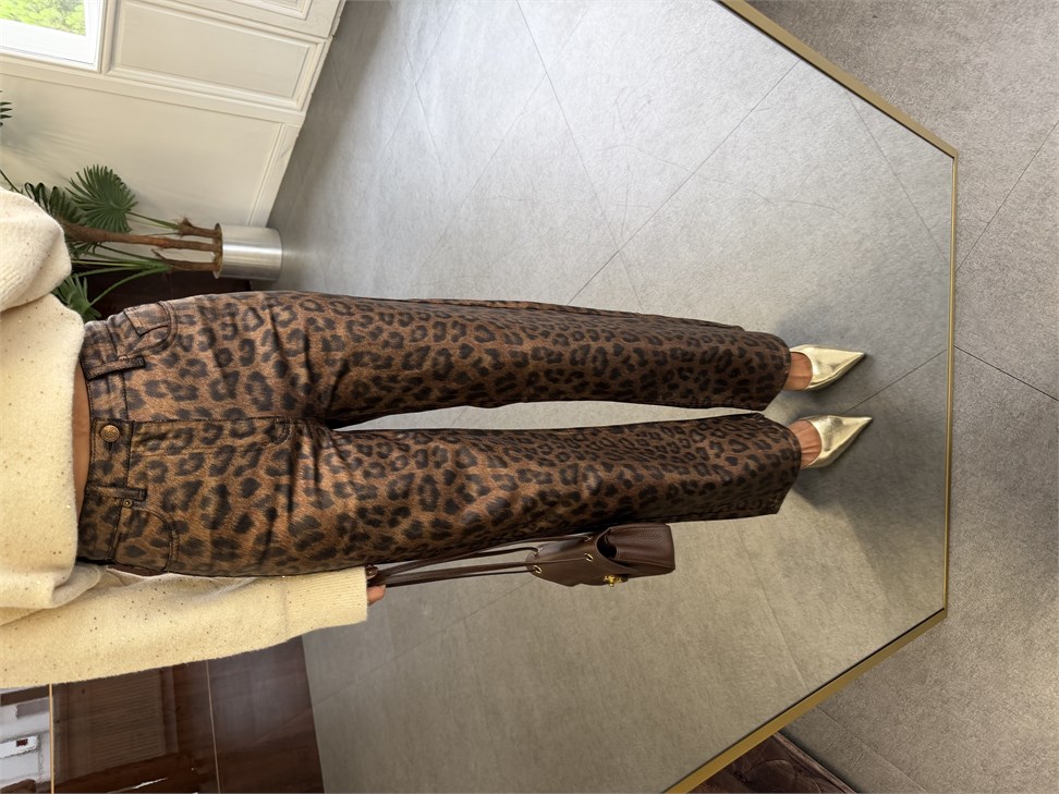 Kahve Parlak Baskı Leopar Jean