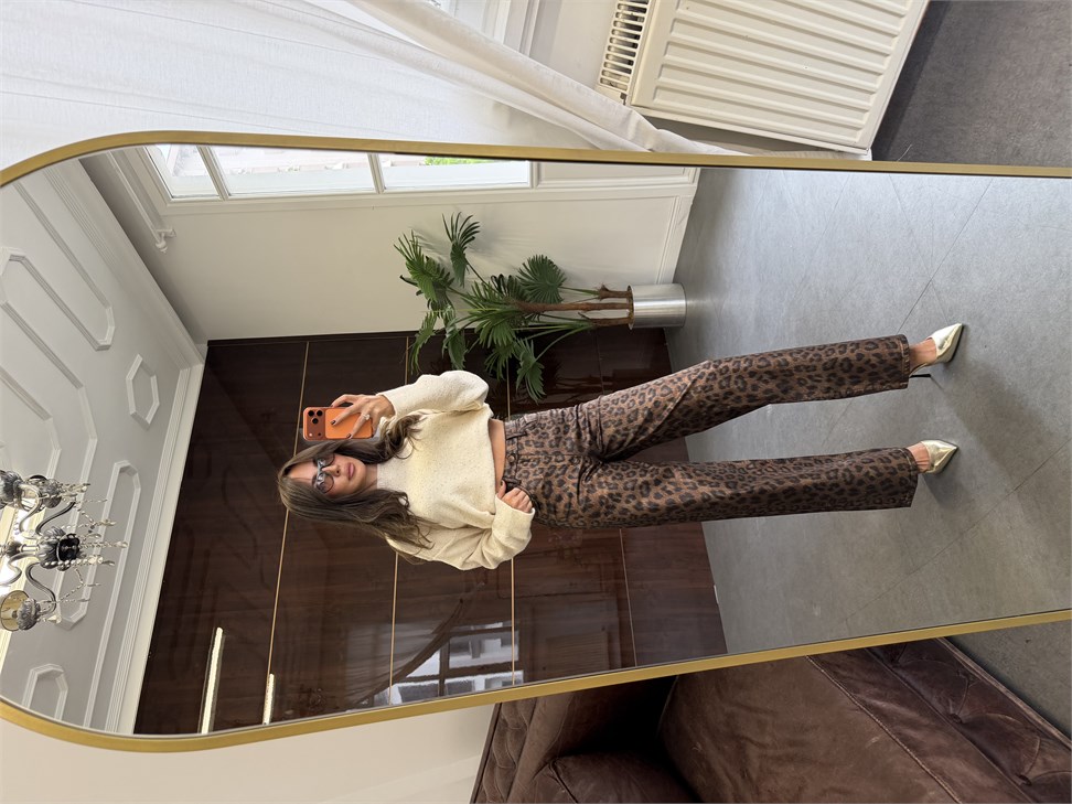 Kahve Parlak Baskı Leopar Jean