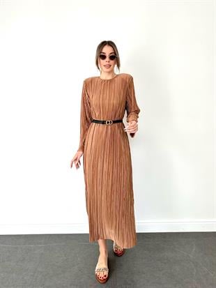 Kahve Pilise Midi Boy Kadın Elbise