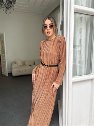 Kahve Pilise Midi Boy Kadın Elbise