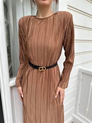 Kahve Pilise Midi Boy Kadın Elbise