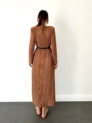 Kahve Pilise Midi Boy Kadın Elbise