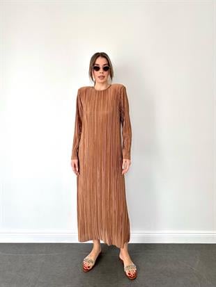 Kahve Pilise Midi Boy Kadın Elbise