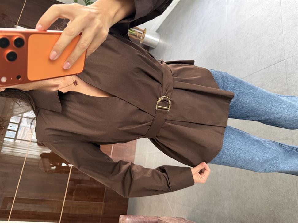 Kahve Poplin Kemerli Gömlek