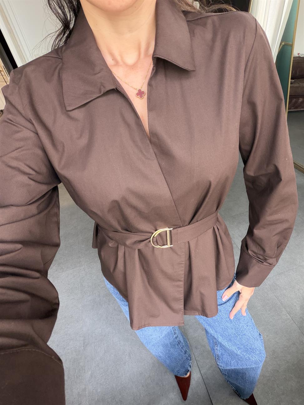 Kahve Poplin Kemerli Gömlek