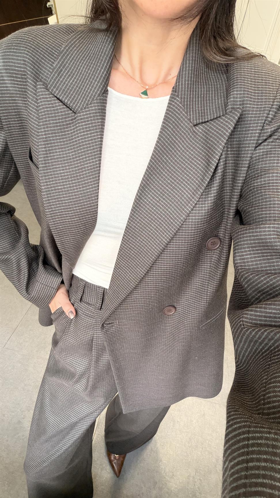 Kahve Kareli Blazer Ceket