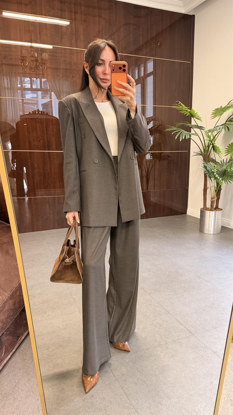 Kahve Kareli Blazer Ceket