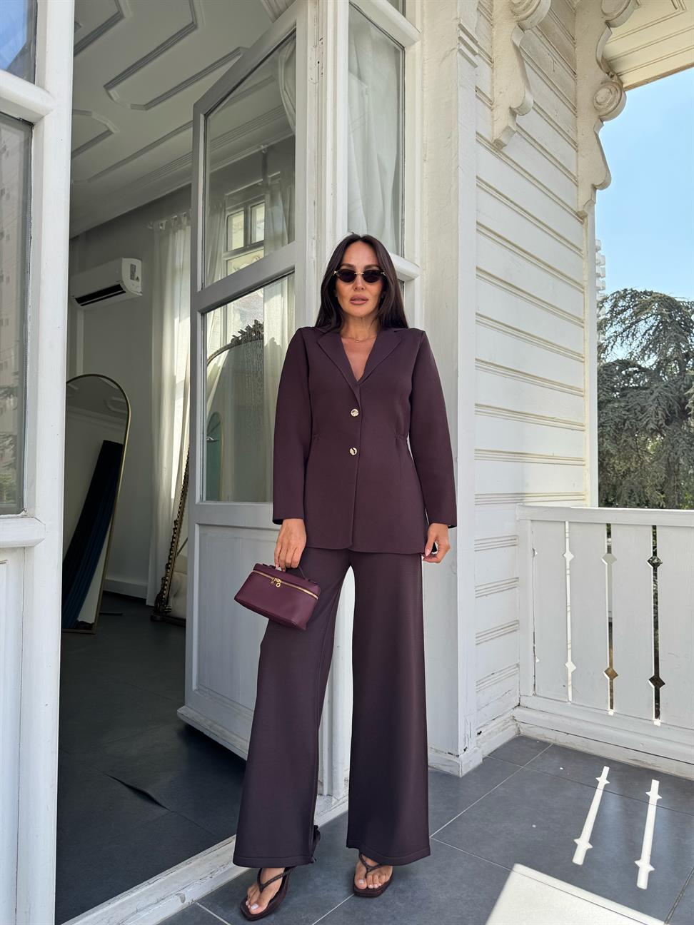 Kahve Premium Yan Büzgülü Triko Ceket