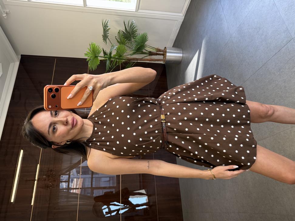 Kahve Puantiyeli Mini Balon Elbise