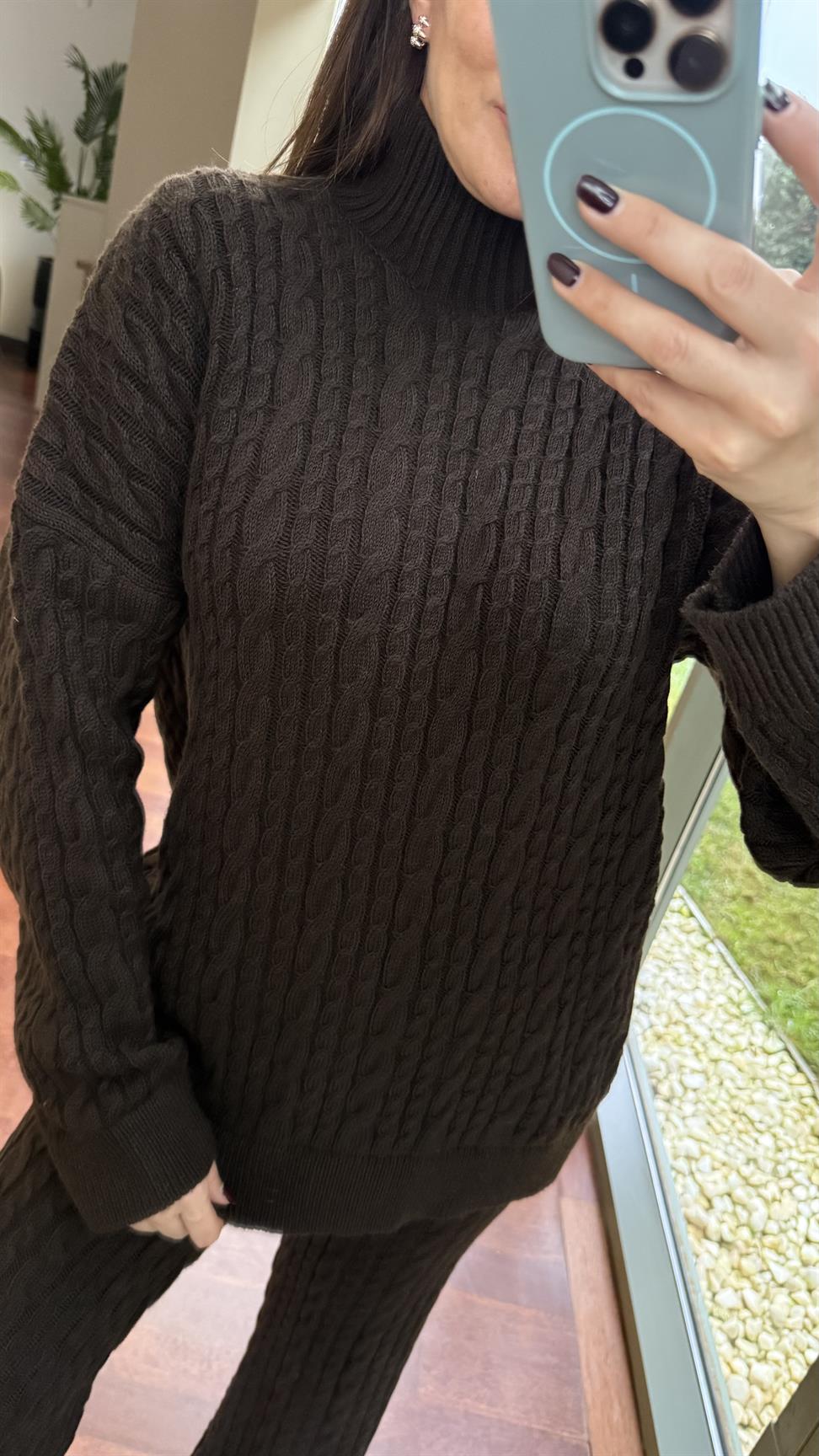 Kahve Saç Örgülü Pantolonlu Takım