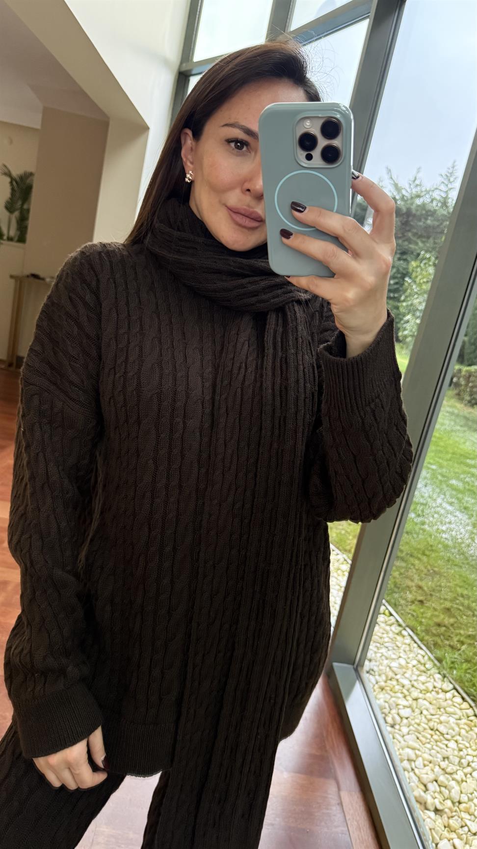 Kahve Saç Örgülü Pantolonlu Takım