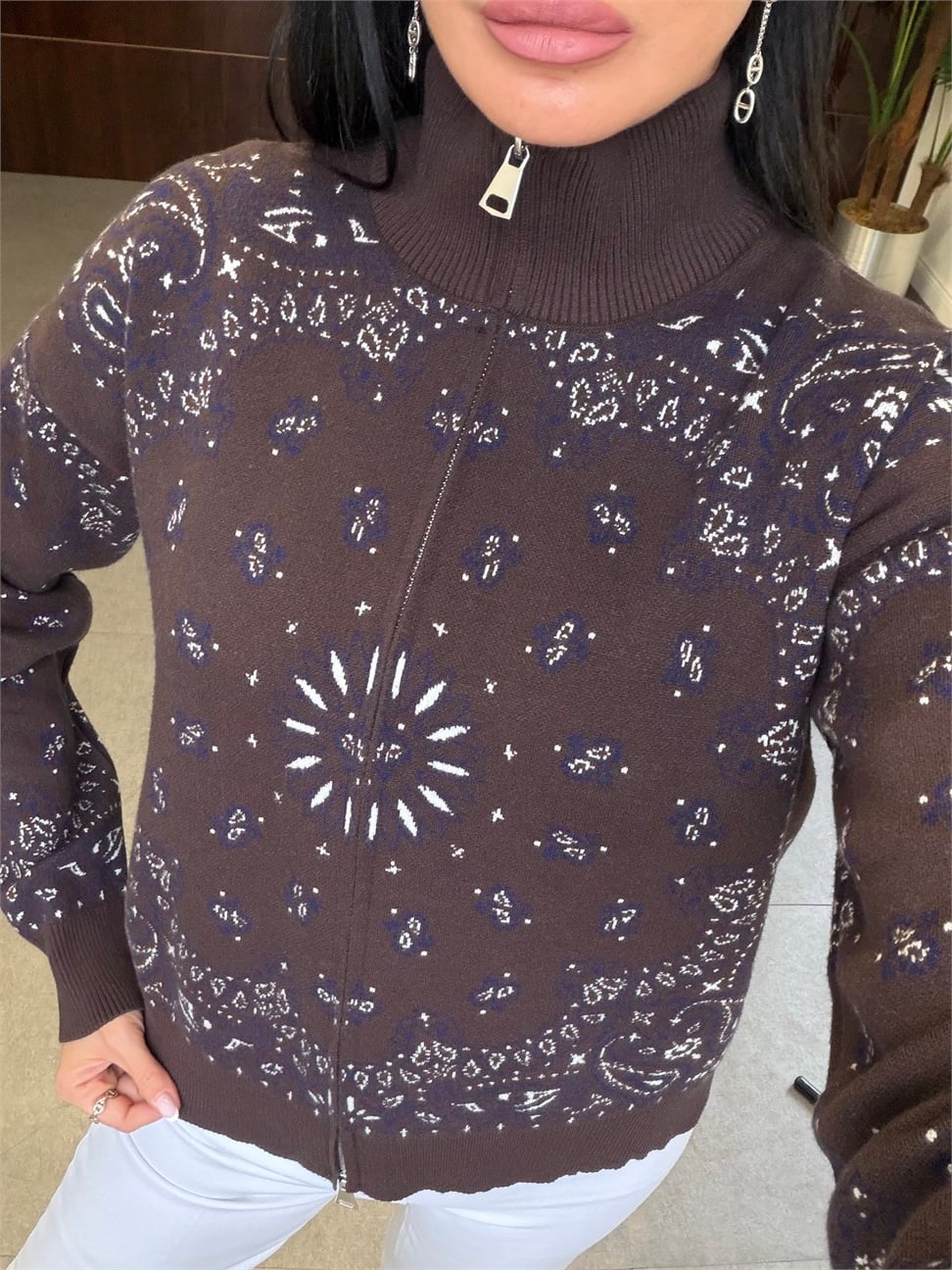 Kahve Şal Desen Fermuarlı Triko Hırka