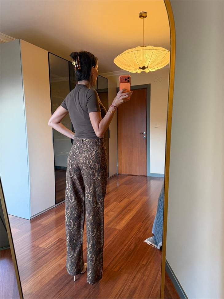 Kahve Şal Desen Wide Leg Jean Pantolon