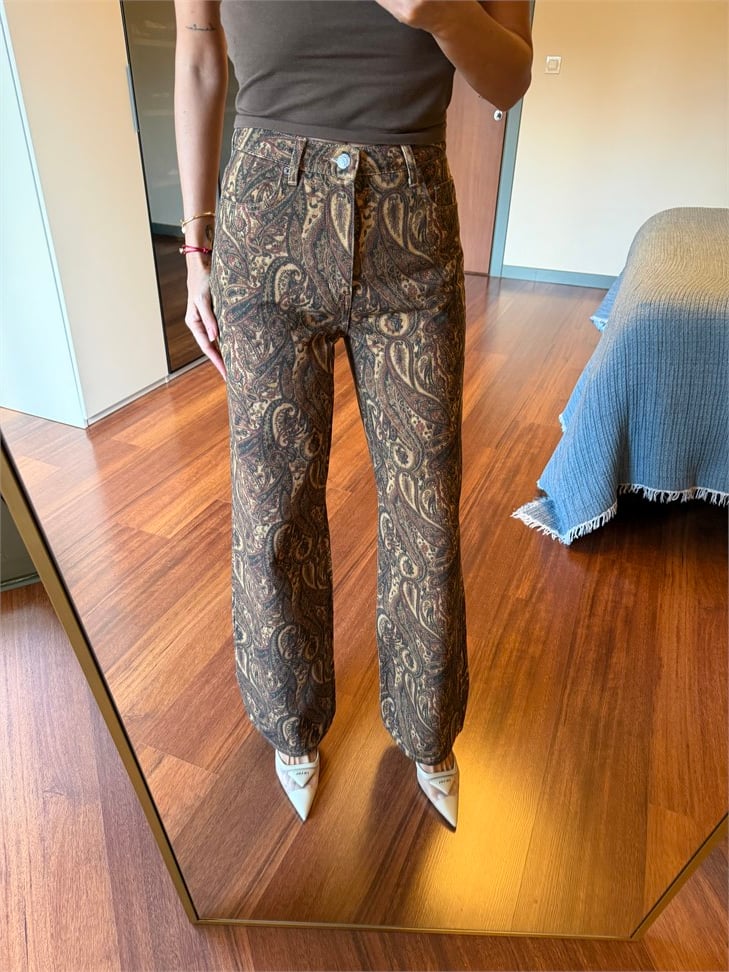 Kahve Şal Desen Wide Leg Jean Pantolon