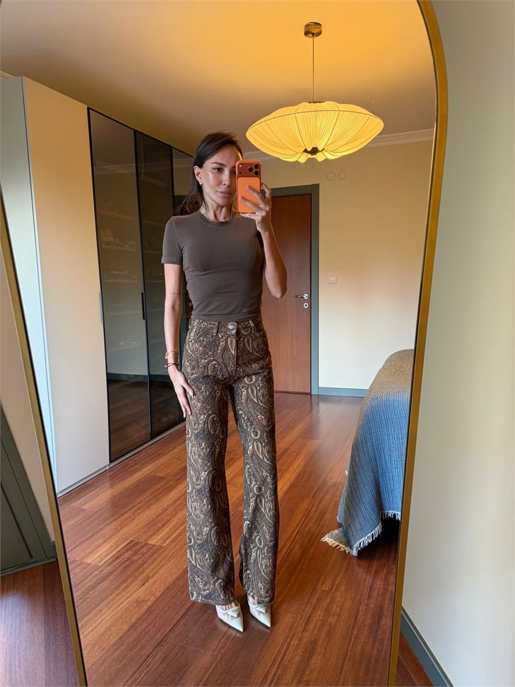Kahve Şal Desen Wide Leg Jean Pantolon