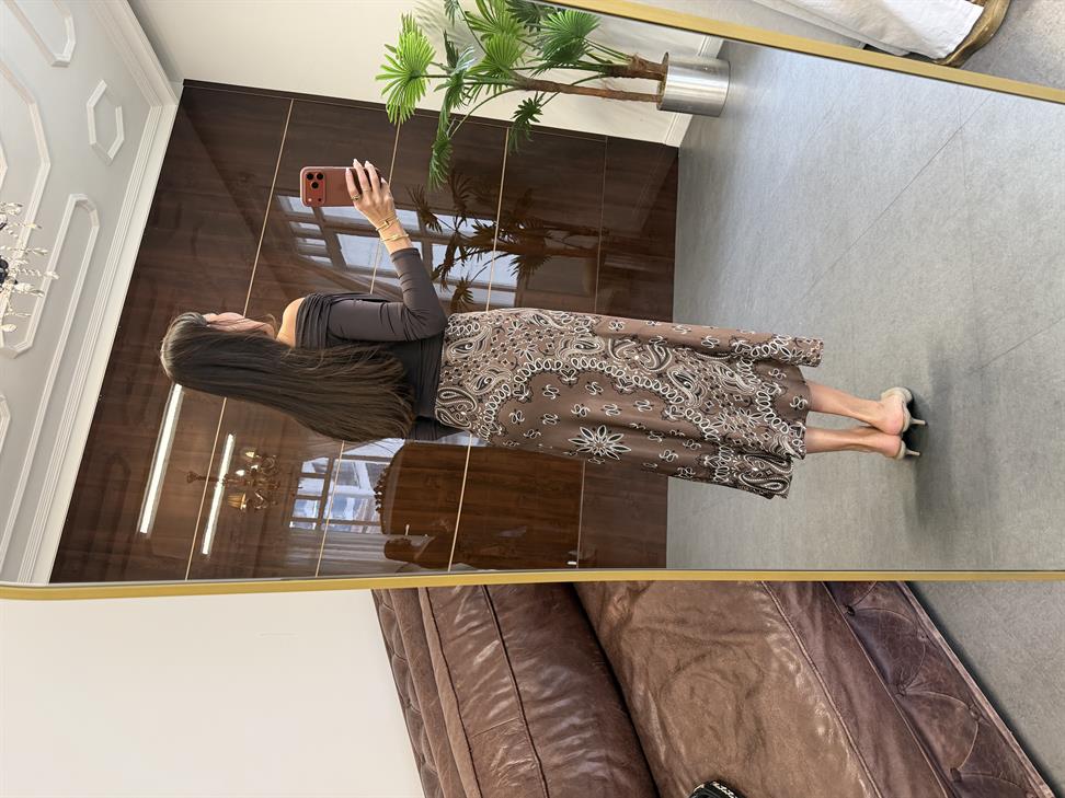 Kahve Şal Desenli Verev Etek