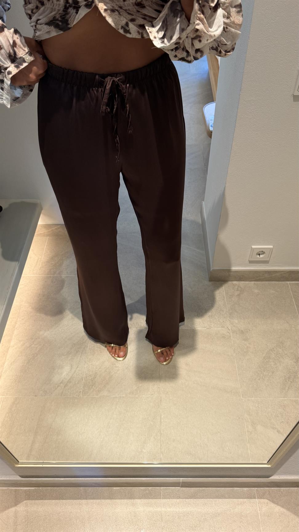 Kahve Saten Bağcıklı Kumaş Pantolon