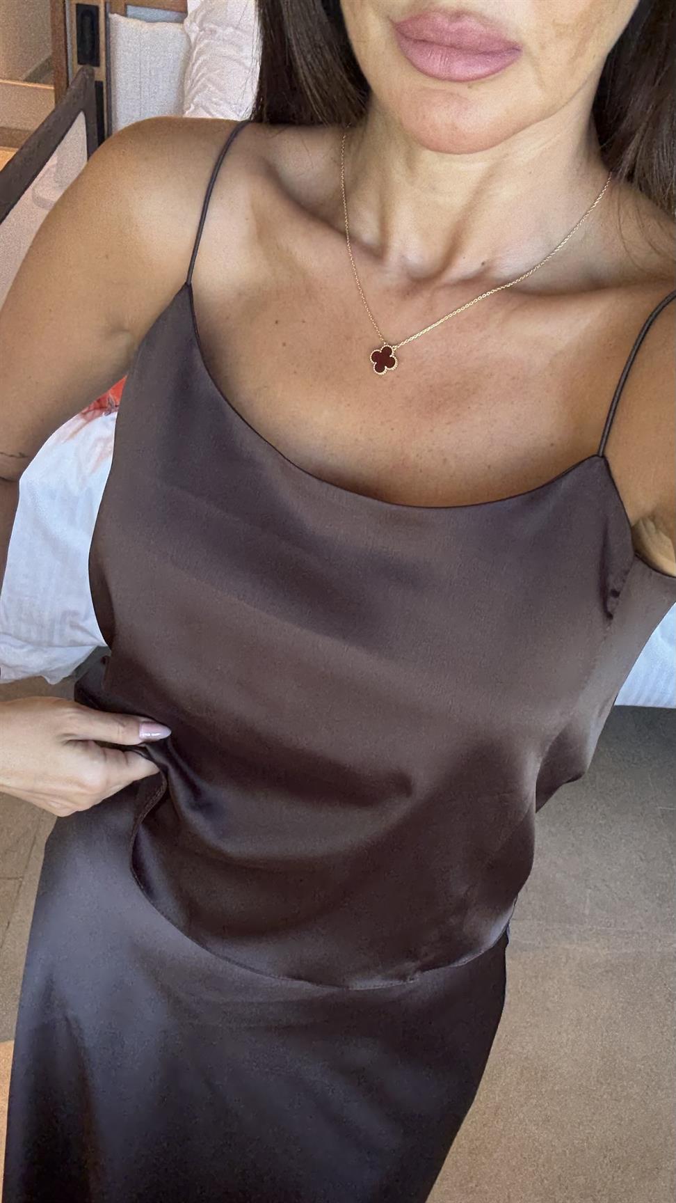 Kahve Saten Etek Bluz İkili Takım