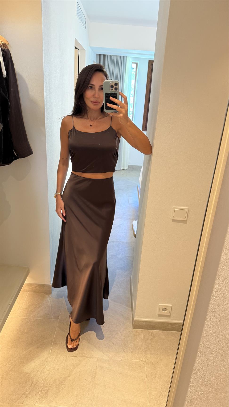 Kahve Saten Etek Bluz İkili Takım