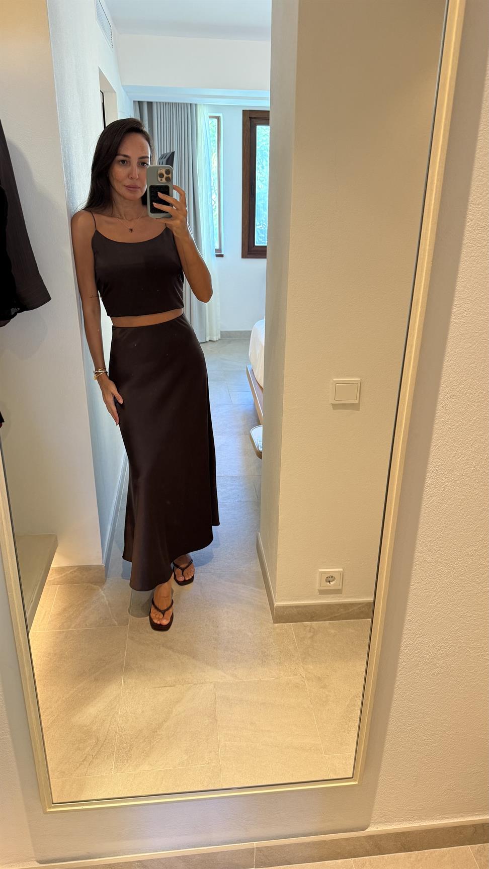 Kahve Saten Etek Bluz İkili Takım