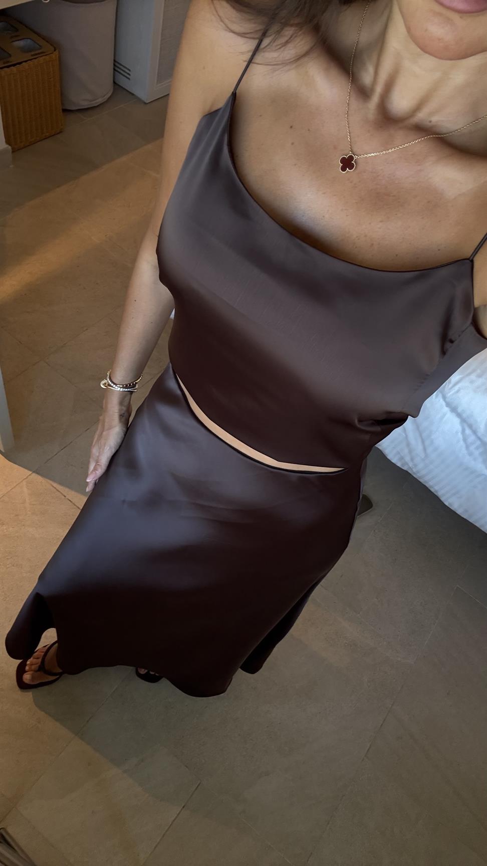 Kahve Saten Etek Bluz İkili Takım