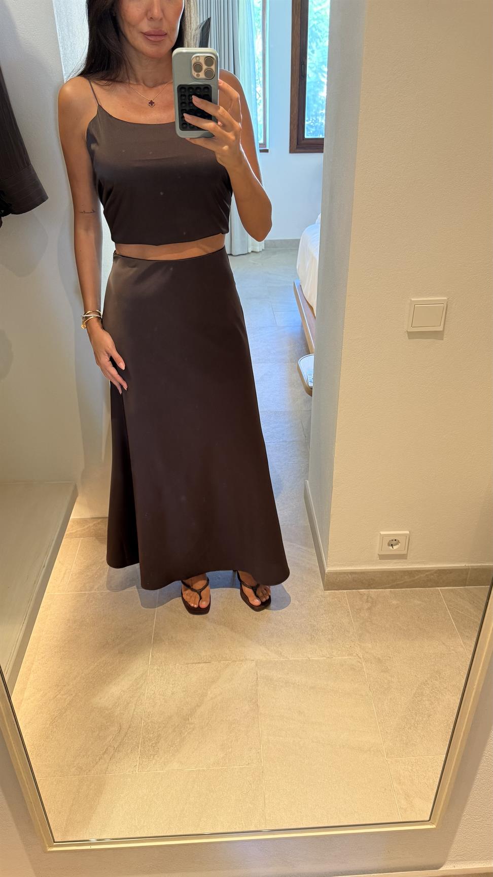 Kahve Saten Etek Bluz İkili Takım