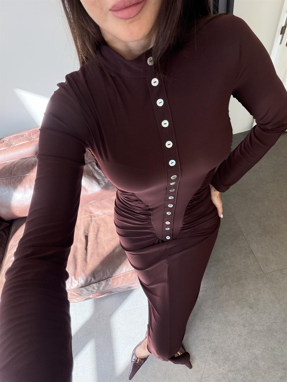 Kahve Sedef Düğmeli Elbise