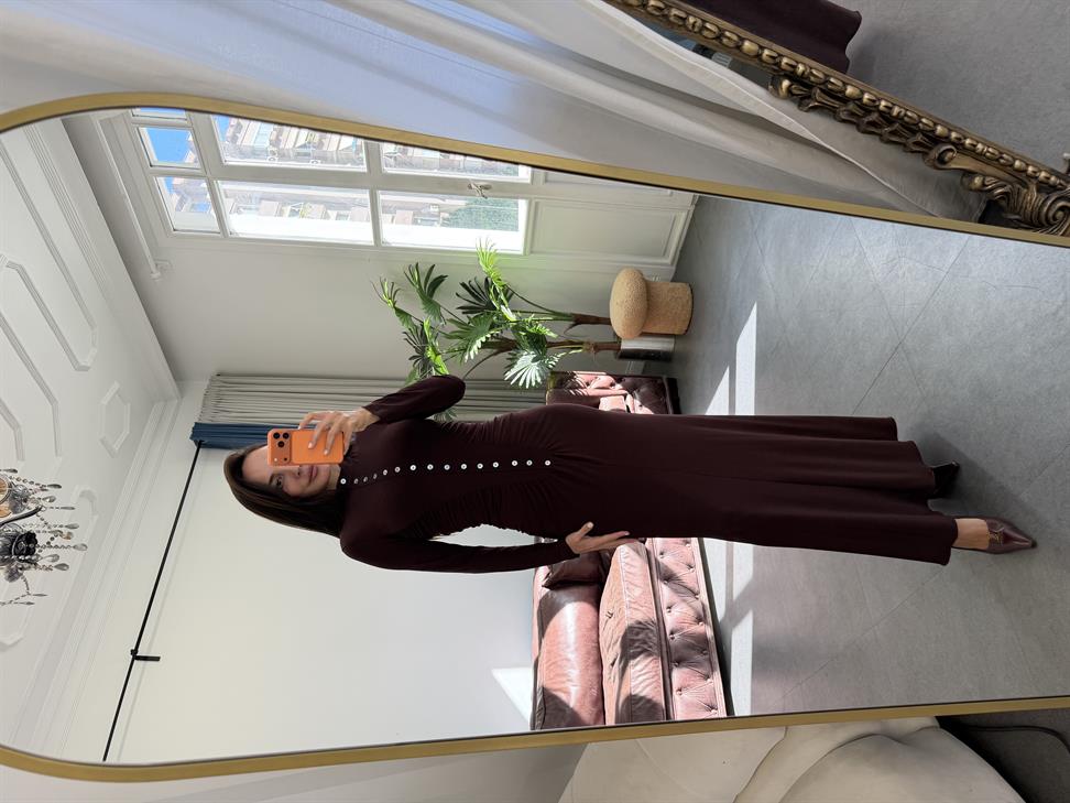 Kahve Sedef Düğmeli Elbise