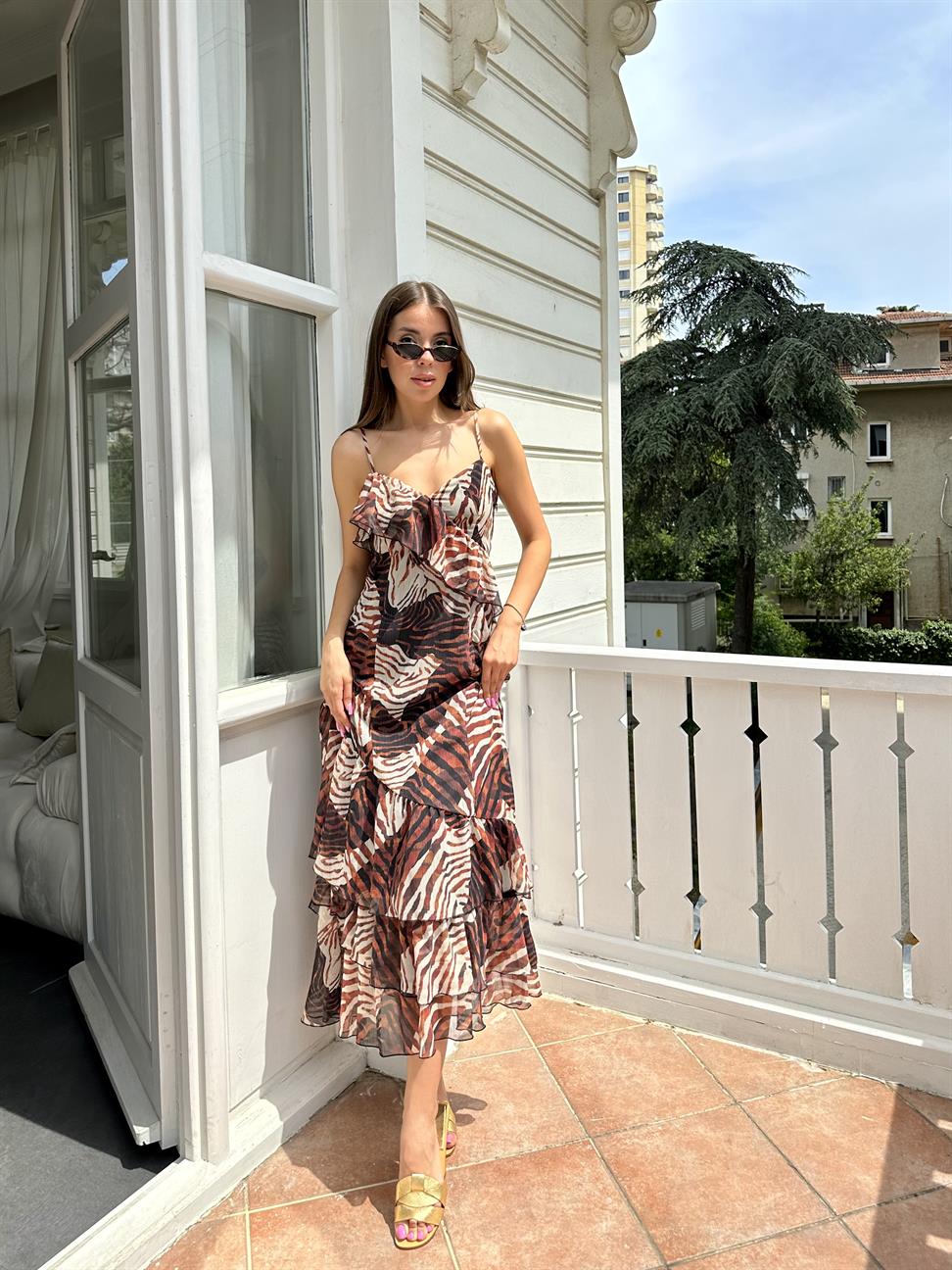 Kahve Şifon Kumaş İp Askılı Elbise