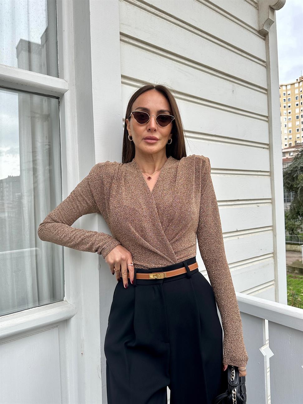 Kahve Simli Vatkalı Bodysuit