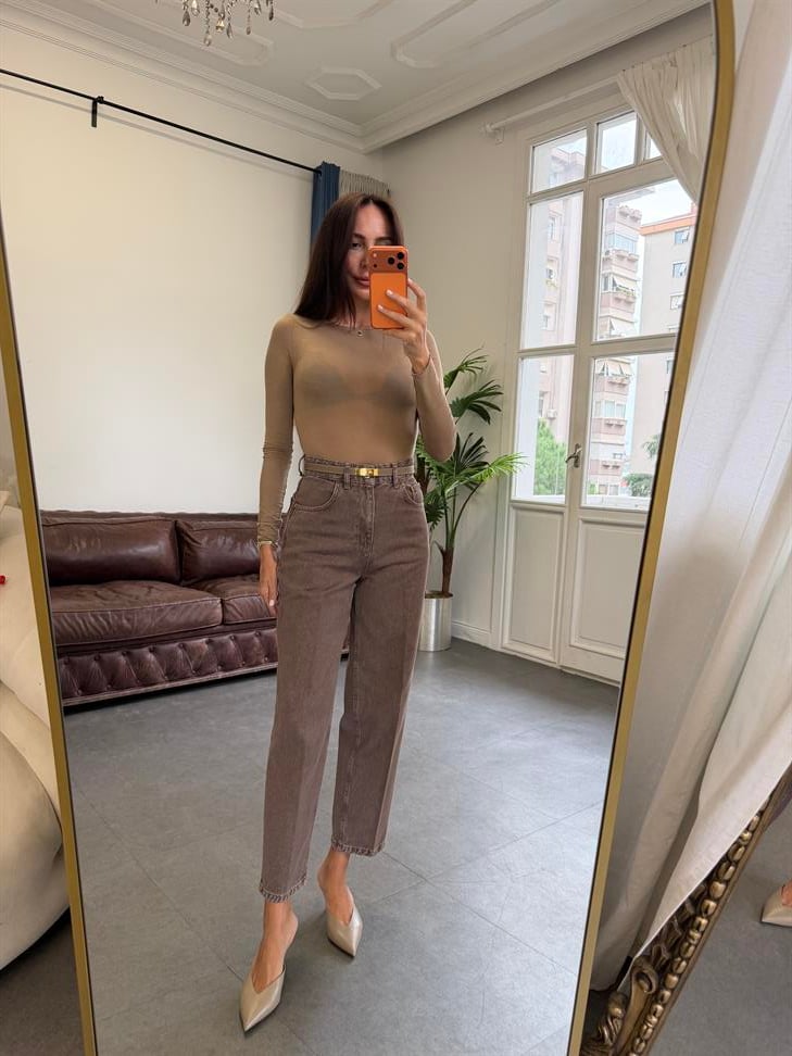 Kahve Skater Ütü İzli Rins Yıkama Jean