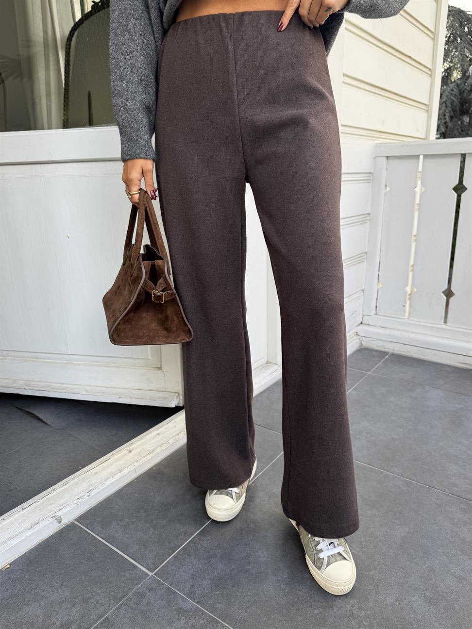 Kahve Soft Doku Bol Paça Pantolon