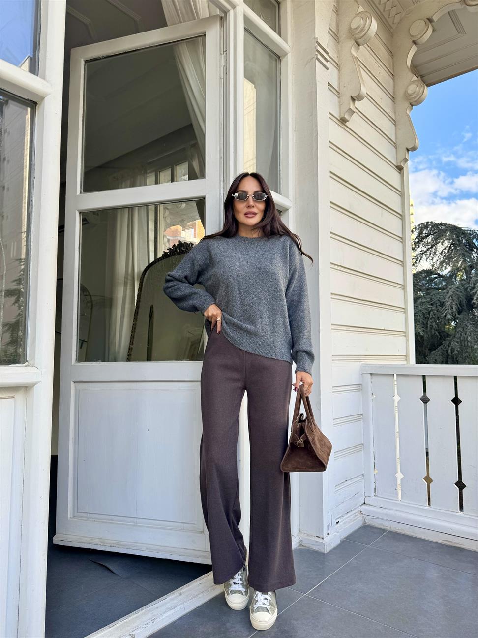 Kahve Soft Doku Bol Paça Pantolon