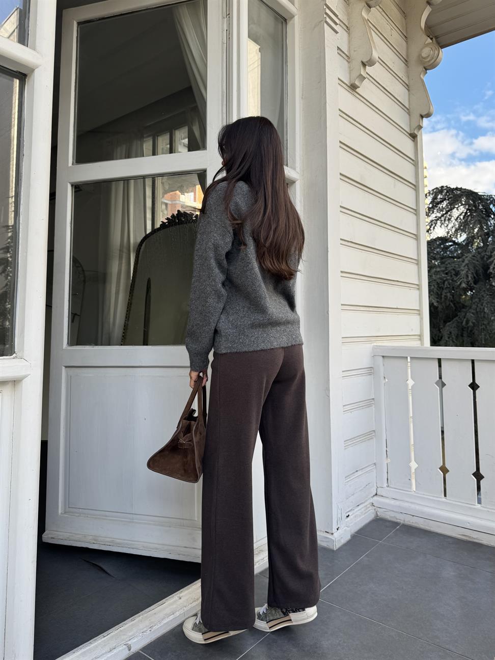 Kahve Soft Doku Bol Paça Pantolon