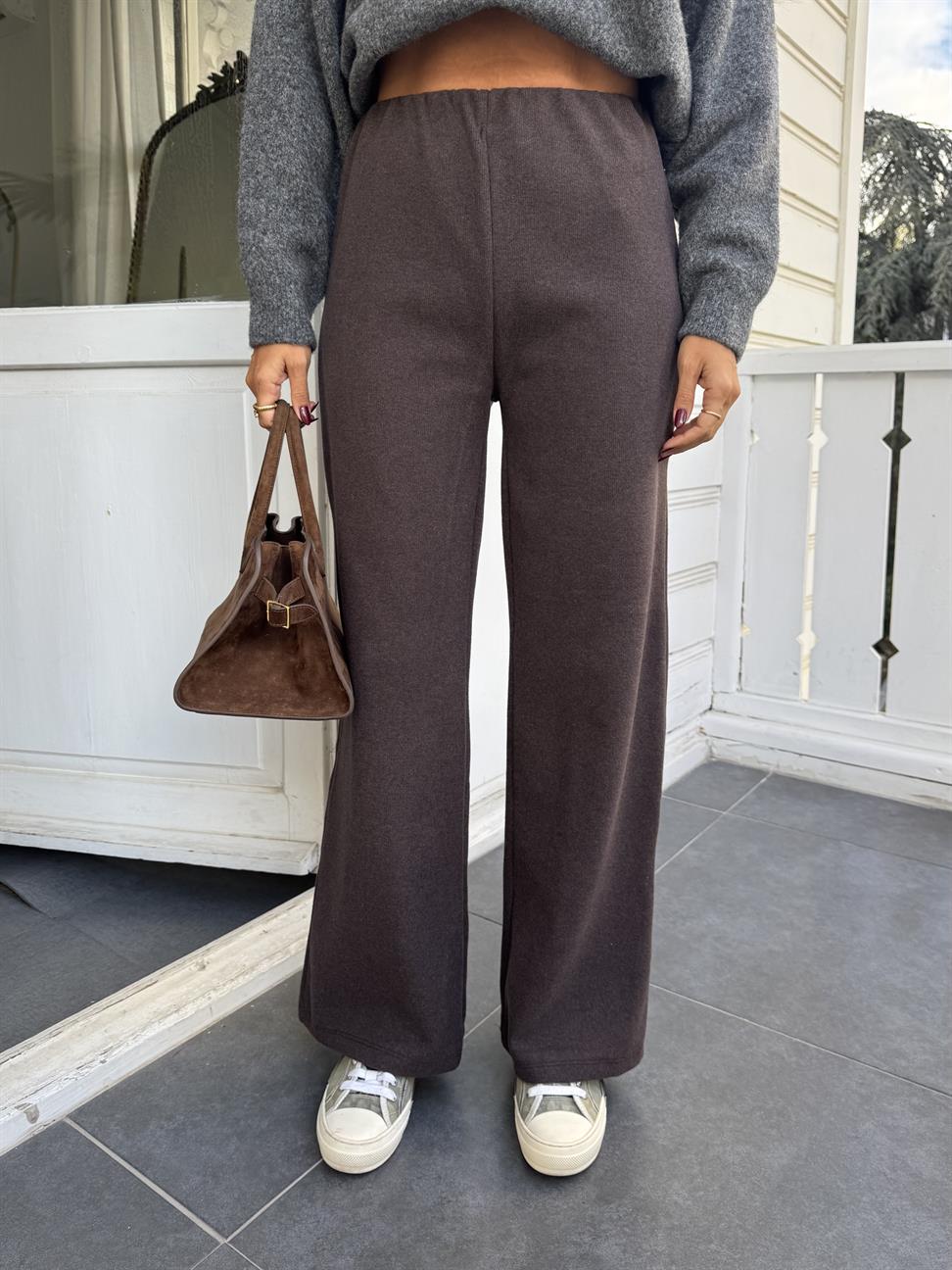Kahve Soft Doku Bol Paça Pantolon